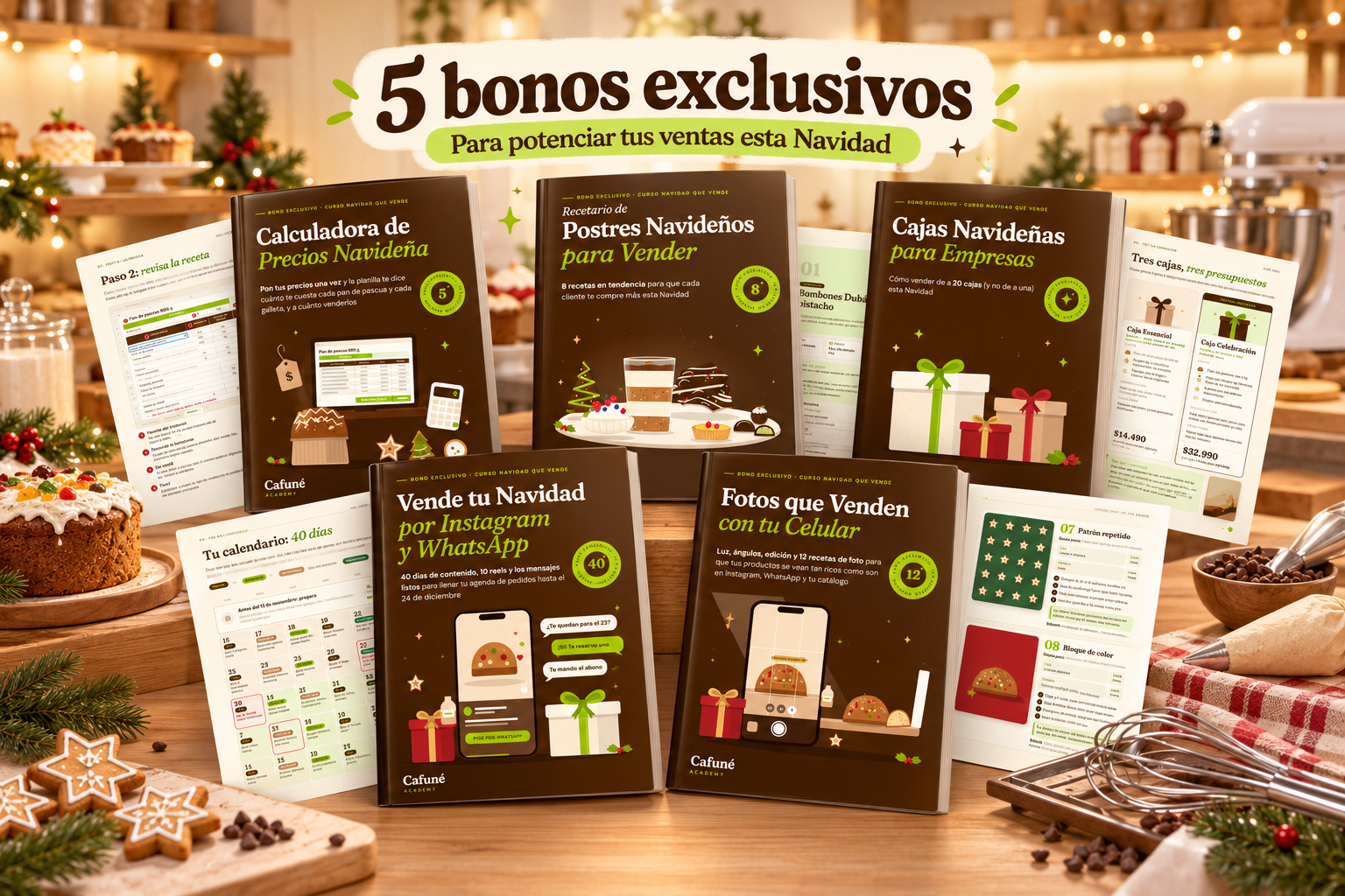 Los 5 bonos de Navidad que Vende: Calculadora de Precios Navideña, Vende tu Navidad por Instagram y WhatsApp, Cajas Navideñas para Empresas, Recetario de Postres Navideños para Vender y Fotos que Venden con tu Celular