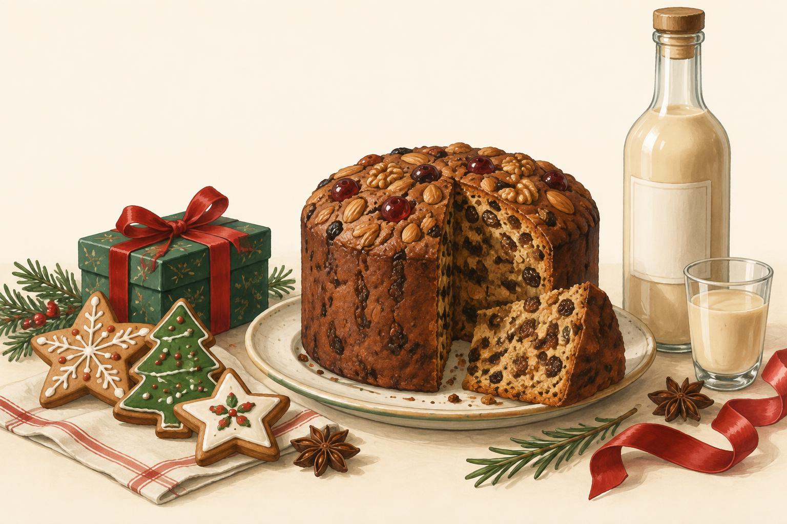 Ilustración de pan de pascua, cola de mono y galletas navideñas